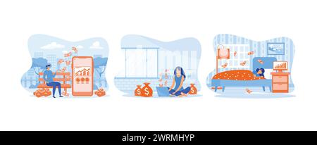 Passive income, This design can be used for websites, Young woman working in front of laptop with money around her, fixed income and finance concept. Stock Vector