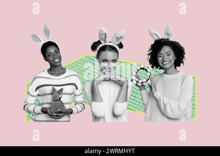 Brochure collage image of cheerful happy girls together enjoy easter celebration party preparation isolated on drawing background Stock Photo