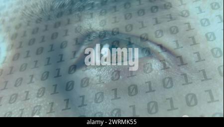 Image of person's eye opening and closing with changing black binary numbers Stock Photo