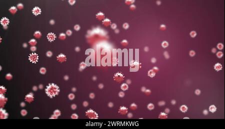 Image of covid 19 cells floating over red background Stock Photo