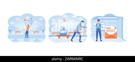 Businessman carrying heavy debt burden. Businessman sweating and pulling a cart with text Debt on it. Businessman bears a debt on his back. Debt burde Stock Vector