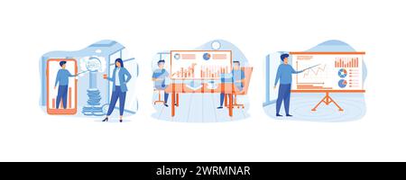 Stock Investment Commercial Strategy Consultation Services, Businessman helping coworker at business meeting, accounting organization process. set fla Stock Vector