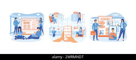 Online news. Mobile phone user sharing news online. People reading print newspaper. set flat vector modern illustration Stock Vector