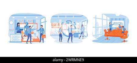 Digital Transformation. Data Analysis and Digitization. Describes an innovative future concept. Digital Transformation set flat vector modern illustra Stock Vector