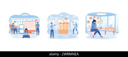 Overcoming overload. Small businessman watching on digital device screen and clock. Digital information overload. set flat vector modern illustration Stock Vector