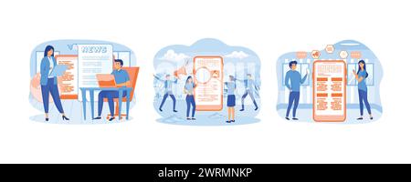 Business young men and women, reading latest or hot news online on smart phone or laptop. Online news mobile app. Online reading news. set flat vector Stock Vector