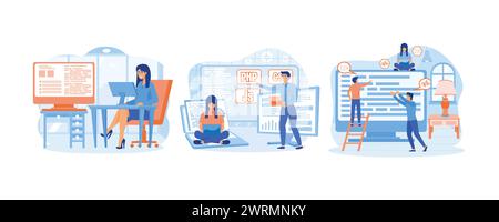 Young beautiful girl programmer behind a laptop and a computer writes a code. Programming courses. Laptop screen with program code. set flat vector mo Stock Vector