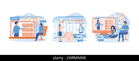 Online education, home schooling. Girl student gets new knowledge and ideas. Group of students in distance learning. set flat vector modern illustrati Stock Vector