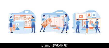 Smart TV menu on laptop. People watch videos with remote controls and television multimedia boxes. set flat vector modern illustration Stock Vector