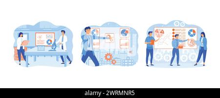 Business data analysis research. Data scientist looking and interacting with virtual dashboard. Big data science analysis. set flat vector modern illu Stock Vector