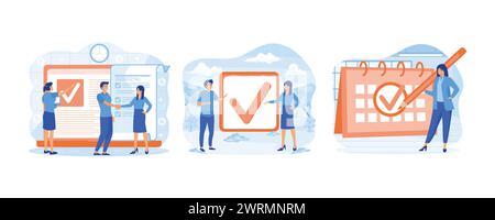 Done job concept. Happy business people celebrate completed check mark after finish responsible project. Beautiful business woman stands near big sche Stock Vector