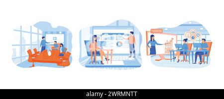 Professional online training. Online training on a screen of tablet. Online Training Conference for Office Workers. set flat vector modern illustratio Stock Vector