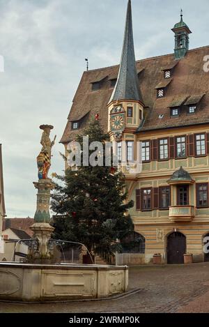 Winter Festivities in Bitigheim-Bissingen: Charming Half-Timbered Houses Adorned with Christmas Decorations. New Year's atmosphere of Bitigheim Stock Photo