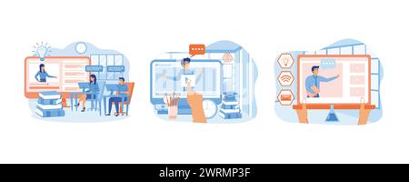 Online education courses. Businessman hand touching screen with lecture media. Online Education Social Media. set flat vector modern illustration Stock Vector