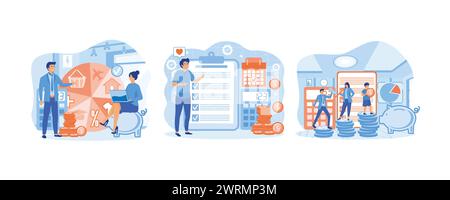 Budget planning. Financial analyst planning at checklist on clipboard. Family budget planning. set flat vector modern illustration Stock Vector