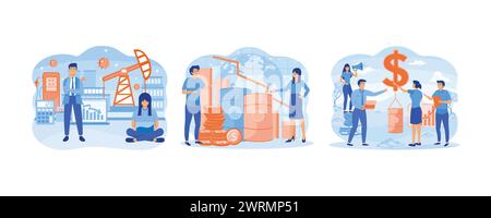 Oil price decreasing. Falling oil prices. Oil price growth. set flat vector modern illustration Stock Vector