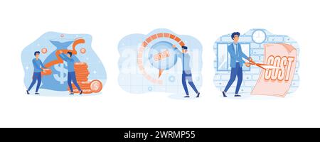 Cost reduction with tiny people concept. Cost reduction management. Businessman cutting cost. set flat vector modern illustration Stock Vector