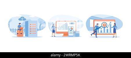Big Data and Cloud Computing. Businesswoman using remote servers to analyzing large sets of data. Recognizing mistakes. set flat vector modern illustr Stock Vector