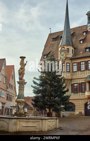 Winter Festivities in Bitigheim-Bissingen: Charming Half-Timbered Houses Adorned with Christmas Decorations. New Year's atmosphere of Bitigheim Stock Photo