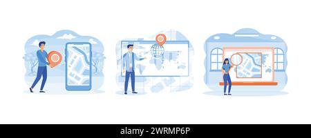 Geo location. Tiny Male Searching Route and Looking on Map Online in Web Positioning. Viewing Online Map using magnifying glass on app screen. set fla Stock Vector