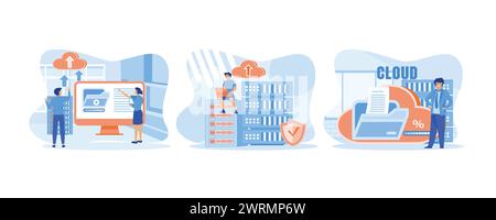 Cloud computing. Man sitting on rack analyzing file management on laptop. Man standing near cloud storage. set flat vector modern illustration Stock Vector