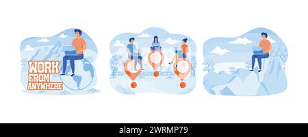 Man sitting on an Earth globe working on his laptop. Work from anywhere. Man sitting with laptop doing freelance work and enjoying freedom. set flat v Stock Vector
