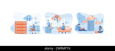 Digital hosted storage. Cloud computing. Cloud data server. set flat vector modern illustration Stock Vector