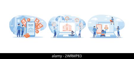 Bank Mobile Application for Family Budget. Online Internet banking. People using laptop and mobile smart phone. set flat vector modern illustration Stock Vector