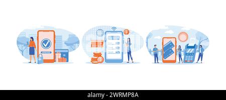 Woman pays successfully and safely. Online payment. People paying taxes and debts on the cell phone apps using card. set flat vector modern illustrati Stock Vector