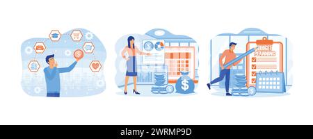 Budget planning. Personal or family budget planning. Tiny person planning budget. set flat vector modern illustration Stock Vector