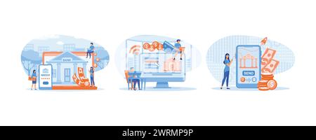 Mobile banking and online payment. Internet banking. Woman pays for purchases or sends money using smart phone app. set flat vector modern illustratio Stock Vector