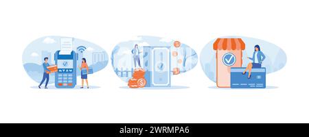 People paying with credit card. Payment methods. Cash and electronic payments. set flat vector modern illustration Stock Vector