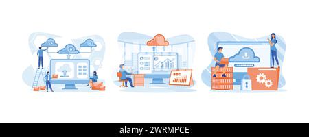 Cloud computing. Developer team working on dashboard monitor. Cloud technology. set flat vector modern illustration Stock Vector
