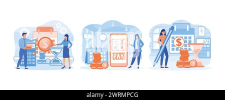 Payment date. Financial bills by month period. Woman standing near calendar and holding pencil with due date. Set flat vector modern illustration Stock Vector