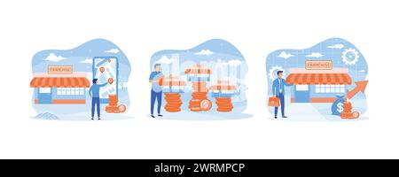 Franchising business branch expansion. Small enterprise, retail store or service network. Set flat vector modern illustration Stock Vector
