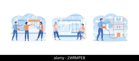 Two man and woman send files for business. File management. Electronic document management. Set flat vector modern illustration Stock Vector