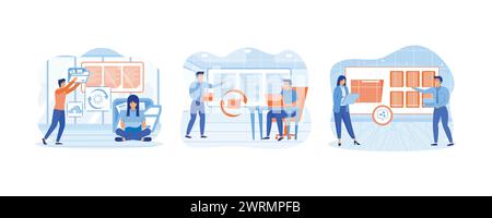 File sharing. Transfer documentation. People send files for business. Electronic document management. Set flat vector modern illustration Stock Vector