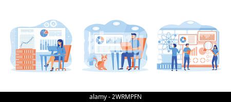 Analysis and data science concept. Handsome businessman analyzing data on his laptop. Online data storage technologies. Set Flat vector modern illustr Stock Vector