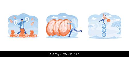 Businessman Protect financial stability. Financial Instability. Businessman investor falling from stack of unstable money coins. set flat vector moder Stock Vector