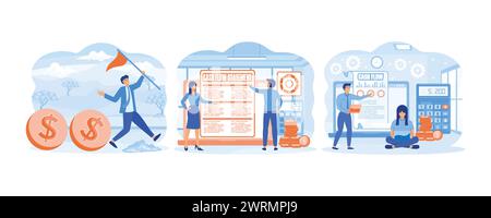 Control flow of money Dollar coins. Cash flow statement. Business people with online cash flow report. set flat vector modern illustration Stock Vector
