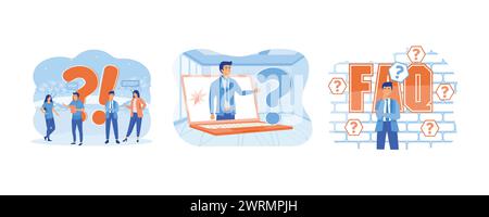 Communication platform. Portraits of wise people think about or solve problems. Frequently Asked Questions. Set flat vector modern illustration Stock Vector