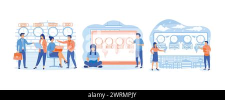 Local time zones. International time and date. Tiny people business worldwide. set flat vector modern illustration Stock Vector