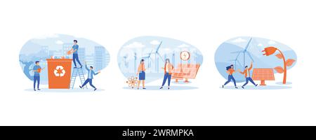 Ecology concept. Green energy to clean environment. Young woman and man running near solar panels, wind turbines, rain power. Set flat vector modern i Stock Vector