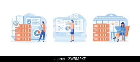 Big data tools. Big data visualization. Database management service. Set flat vector modern illustration Stock Vector