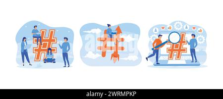 Hashtag concept. Young woman marketer using laptop computer on moving hashtag with rocket booster. young man using mobile tablet, and smartphone for s Stock Vector