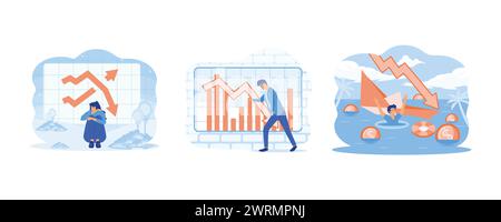 Crisis concept. Money decrease. Bankruptcy business. Set flat vector modern illustration Stock Vector