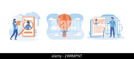 Job recruitment process, Hr managers flying on air balloon, Searching job candidate and reading CV. Set flat vector modern illustration Stock Vector