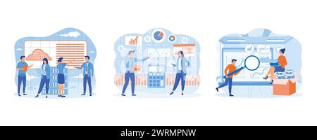 Data visualization. Data analysis. People characters working with data visualization, analyzing tables, charts and graphs at business dashboard. set f Stock Vector