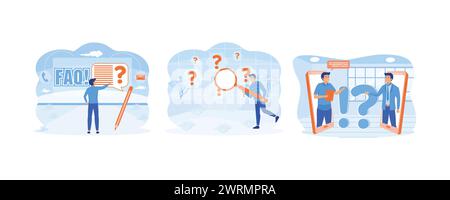 Sending customer support a question. Man holding magnifying glass and looking through it at interrogation points. Frequently asked questions. Set flat Stock Vector