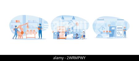 Smart industry concept. Smart Factory and working person using wireless technology to control. Innovative manufacturing. Set flat vector modern illust Stock Vector